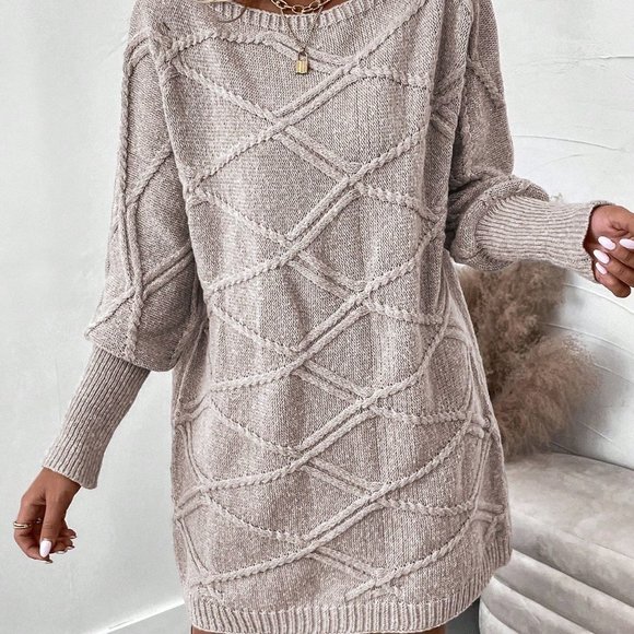 Apricot Casual Womens Solid Color Batwing Sleeve Sweater Dress - Picture 5 of 5